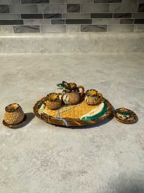 miniature tea set/ gone fishin’ baskets with fish/ Decor/fishing Decor